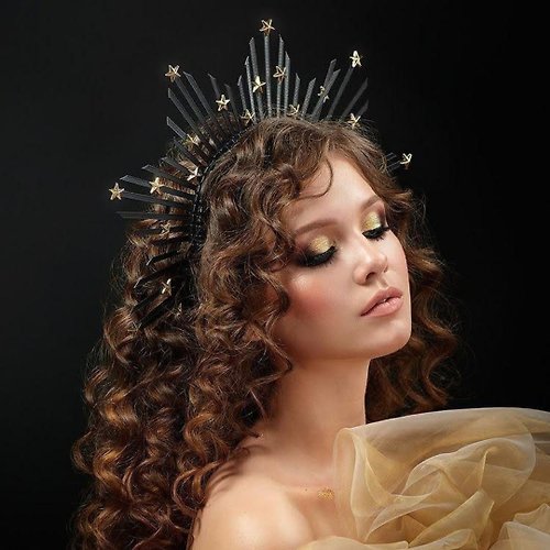 LepotaAccessories Star halo crown Black goddess headpiece Celestial wedding bridal tiara Halloween