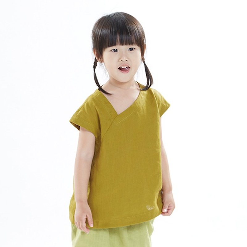 L0147 開斜襟包袖女童上衣-黃綠 - 其他 - 棉．麻 綠色