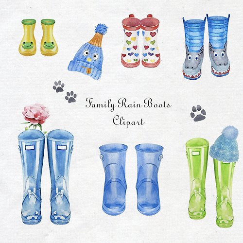 Art and Funny Watercolor Family Wellies, Rain Boots Clipart