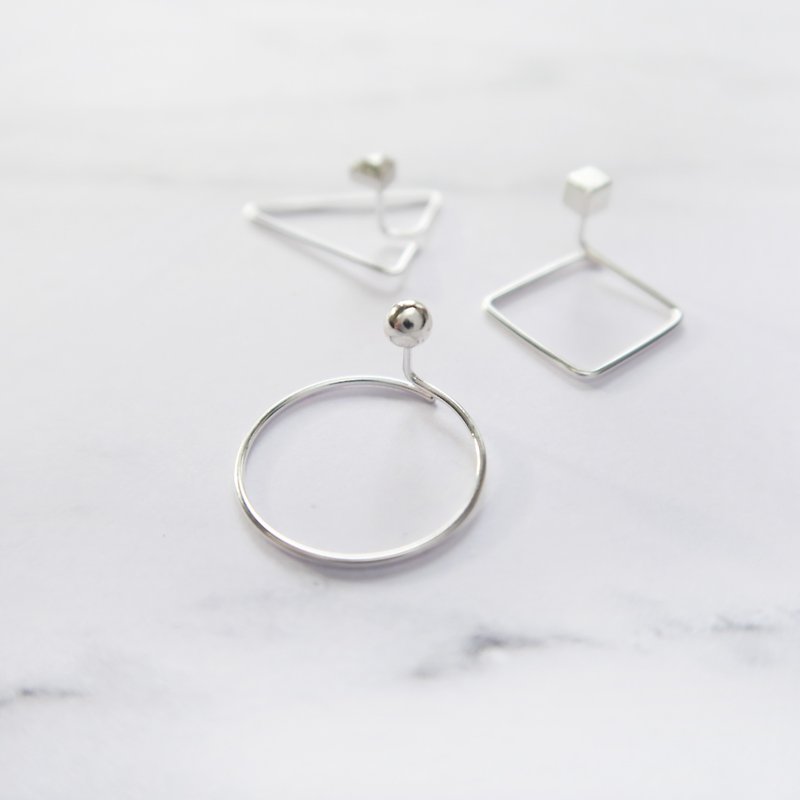 經典款-925純銀 幾何圈 耳環-圓-方-三角-角面 耳環或耳夾　一對 - 耳環/耳夾 - 純銀 銀色