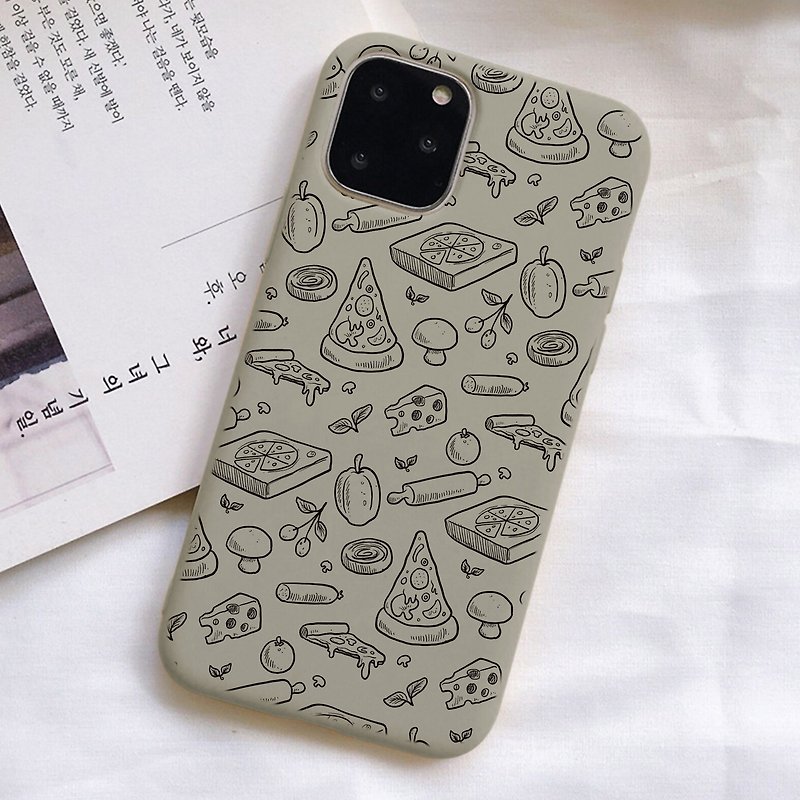 Line pattern gray phone case of Pizza with ingredients iPhone 14 Pro Max Samsung - Phone Cases - Silicone Khaki