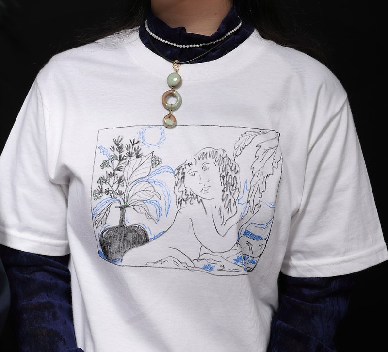 Hand-drawn-cotton comfortable illustration Tshirt - เสื้อยืดผู้หญิง - ผ้าฝ้าย/ผ้าลินิน ขาว