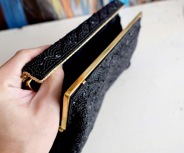日本のアンティークブラックハンドビーズ刺繍イブニングドレス