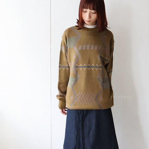 REreburn 冬復古中性日本製幾何針織寬鬆薄款薑黃色羊毛古著毛衣