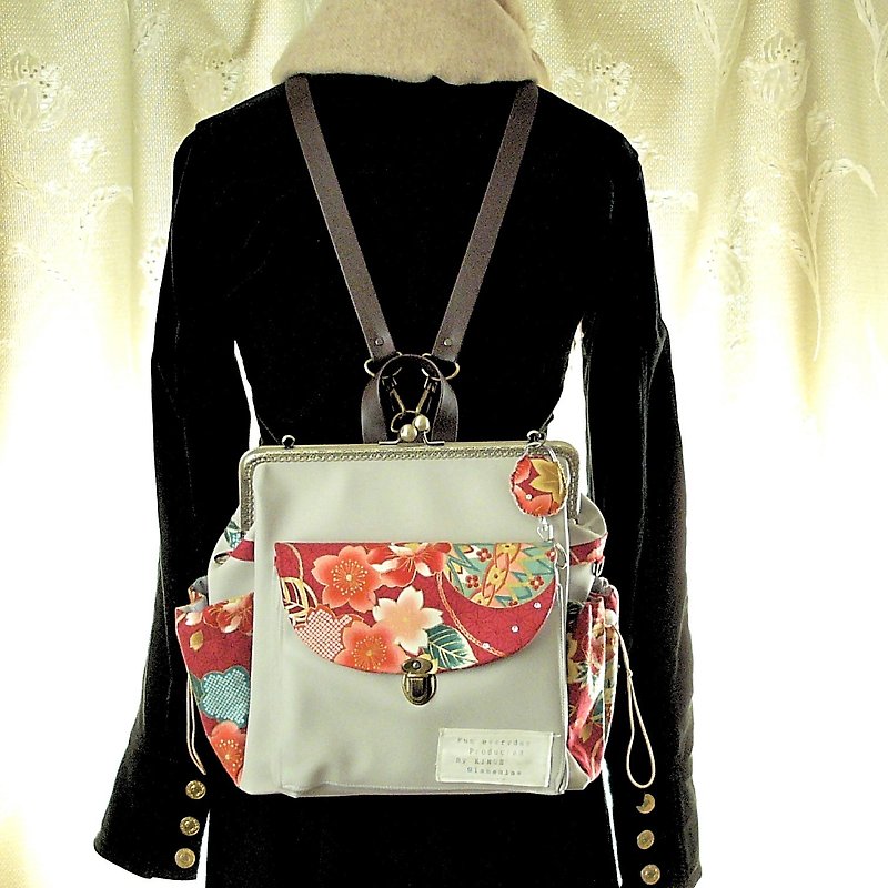 3 WAY Ruck Full Set with Right Zipper Japanese pattern Temari and Sakura White P - Backpacks - Genuine Leather Gray