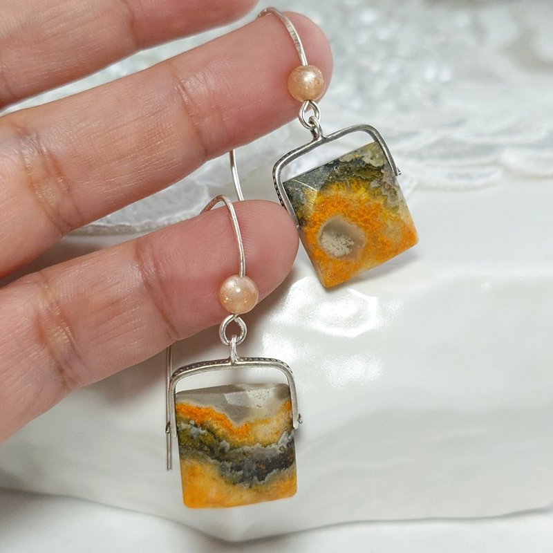 耳環 天然 大黃蜂碧玉 橘日光石 925銀飾 寶石 飾品 首飾 - 耳環/耳夾/耳骨夾 - 寶石 橘色