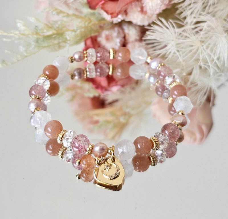 Orange-moonstone/orange moonstone/strawberry crystal/natural freshwater pink pearl/popularity/love - สร้อยข้อมือ - คริสตัล สีส้ม