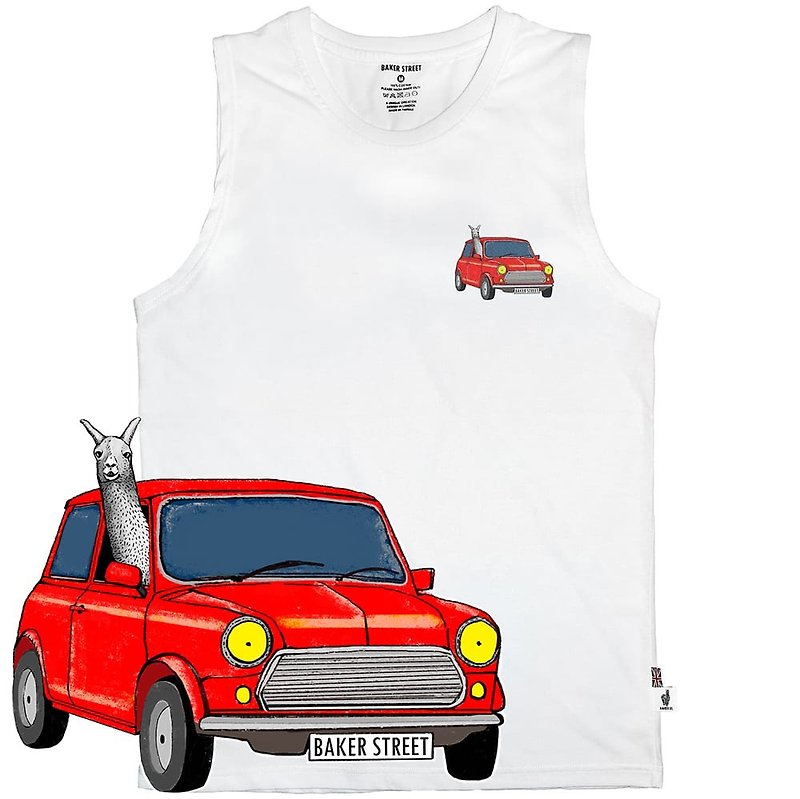 British Fashion Brand -Baker Street- Little Stamp:Driving Alpaca Tank Top - เสื้อกั๊กผู้ชาย - ผ้าฝ้าย/ผ้าลินิน ขาว