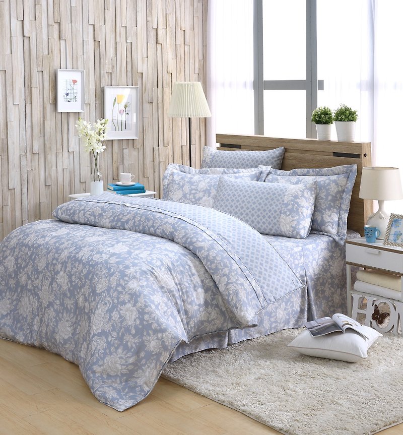 Double size flower language (blue) - Tencel dual-use bed cover six-piece group [100% Lysell] - Bedding - Silk Blue