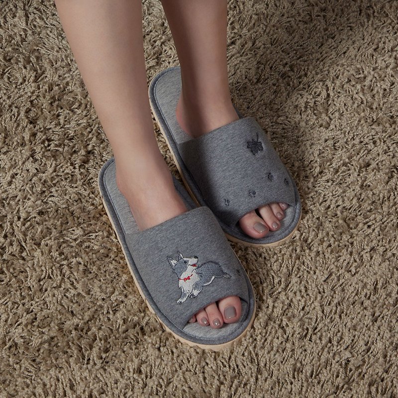 柯基開口室內拖鞋-岩石灰 - 室內拖鞋 - 棉．麻 灰色