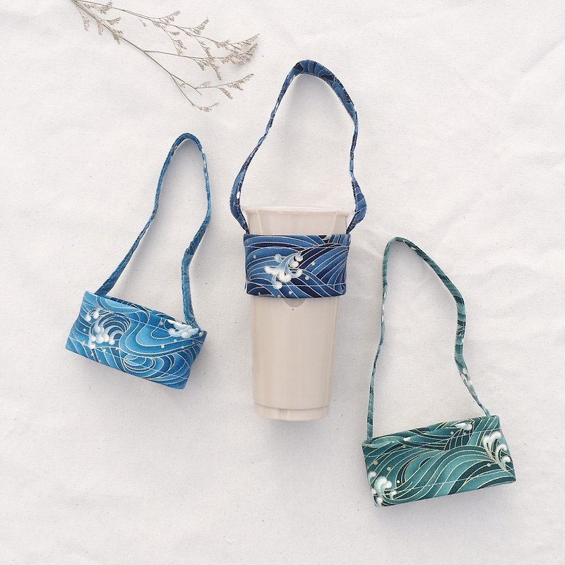 手作飲料杯提袋 / 浮世繪海浪 - 杯袋/飲料提袋 - 棉．麻 藍色