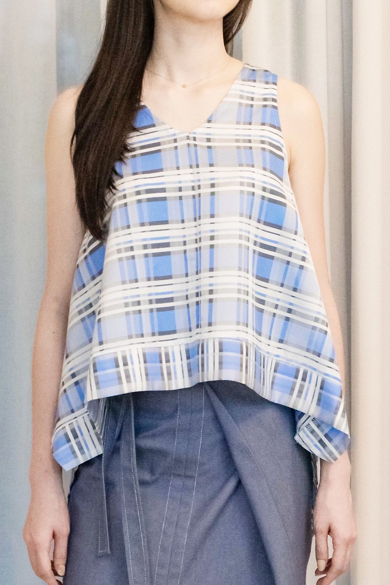 Blue and White Check Umbrella Vest - Women's Vests - Other Materials Blue