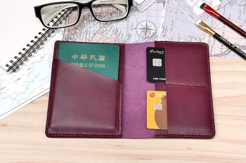 Italian leather handmade passport holder grape purple leather free customized lettering - Passport Holders & Cases - Genuine Leather Purple