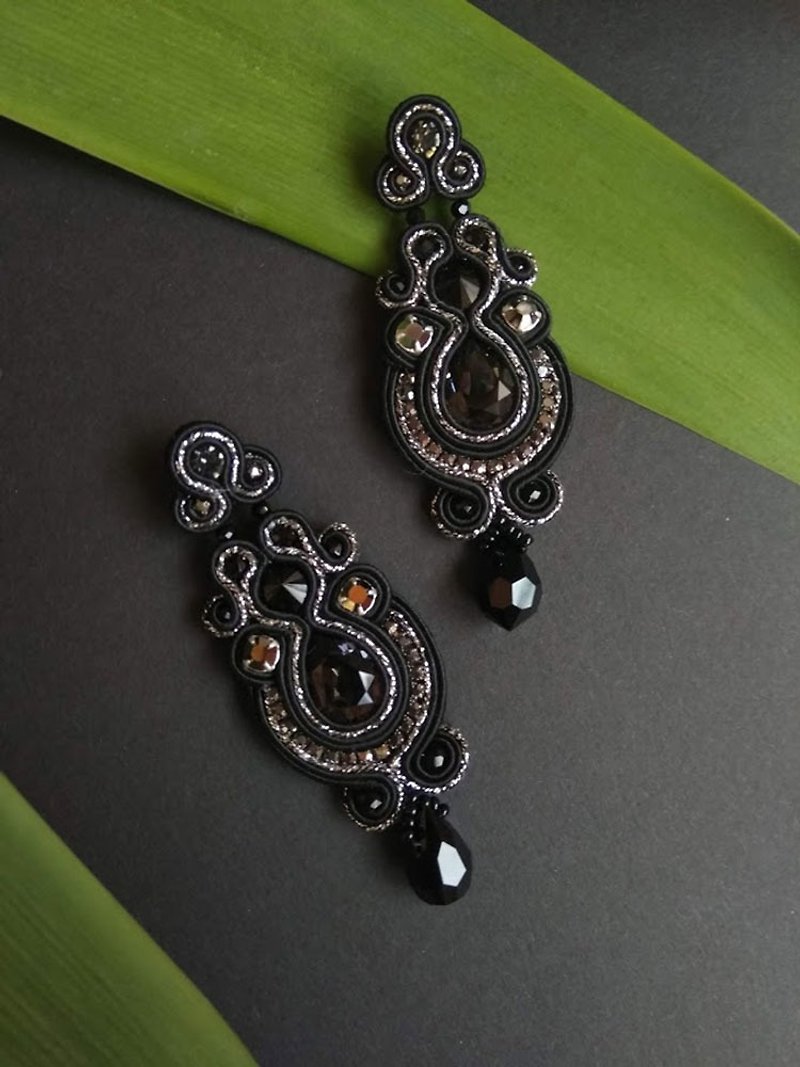 Earrings Long drop earrings with Swarovski stones in black color - Earrings & Clip-ons - Other Materials Black