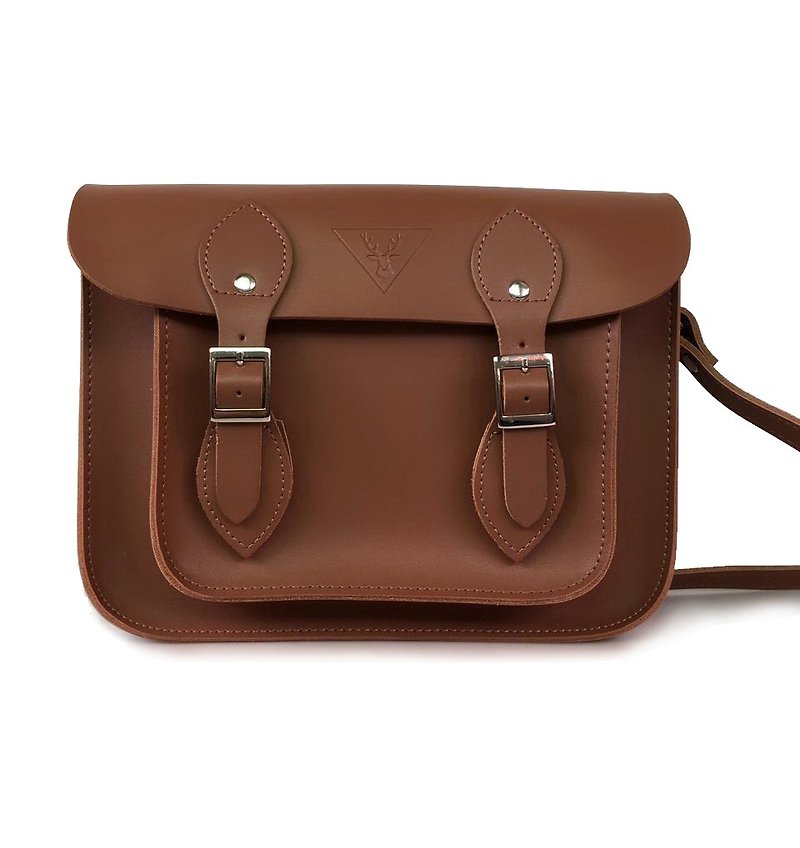 11-inch brown classic Cambridge bag, leather messenger bag, leather ladies bag, double buckle shoulder bag, can be customized trademarks, personalized gifts - กระเป๋าแมสเซนเจอร์ - หนังแท้ 