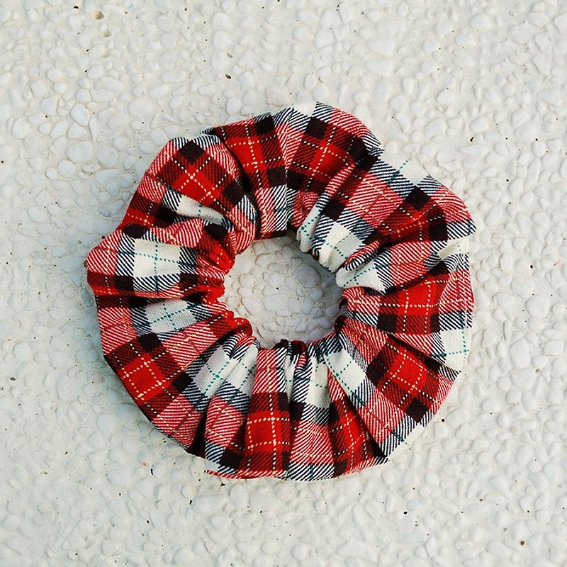 Scottish tartan hair bundle _ red / large intestine ring donut hair ring - Hair Accessories - Cotton & Hemp Red