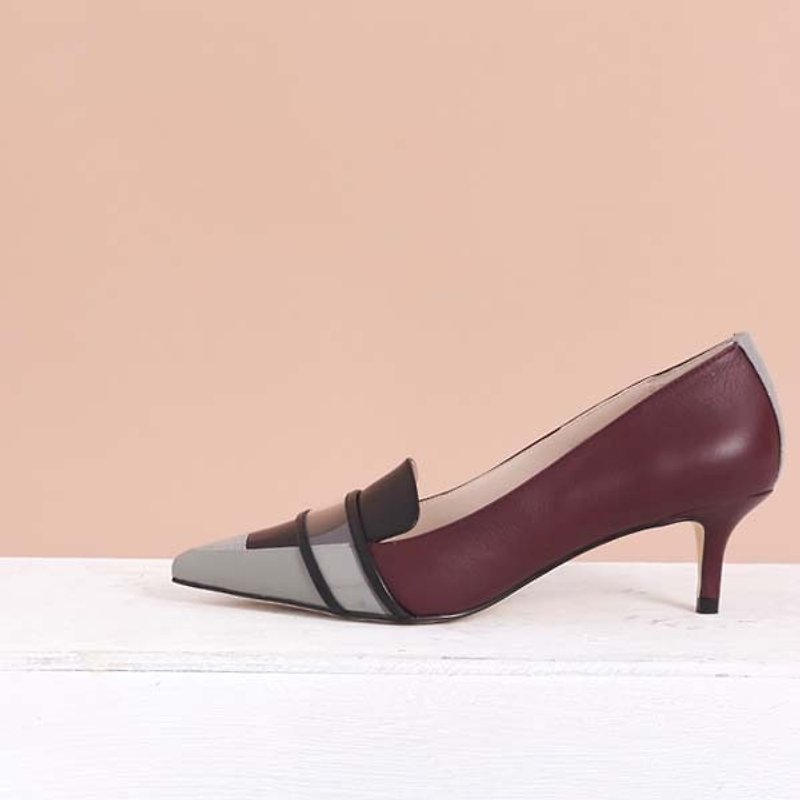 Geometric color stitching pointed leather low heel shoes wine red gray - High Heels - Genuine Leather Red