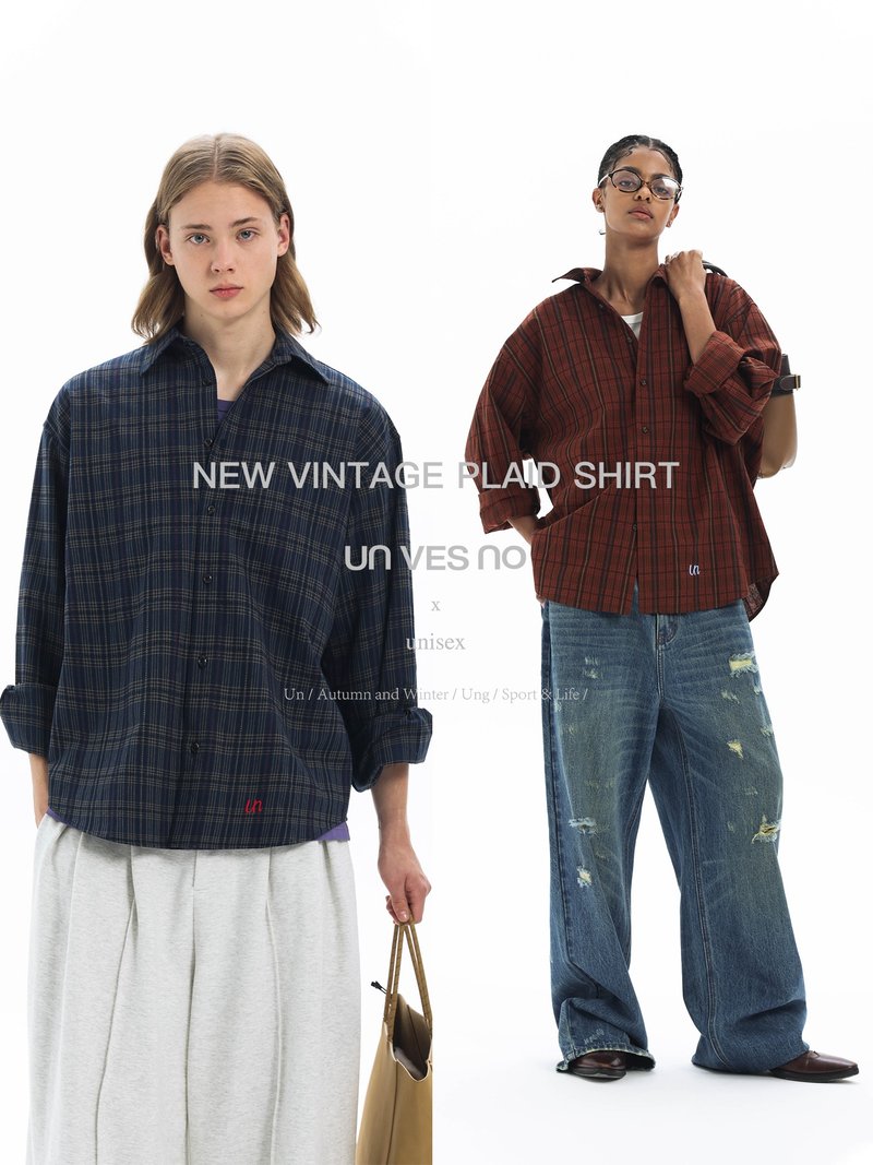 【Expertly Stitched】Unvesno (UN) Vintage All-Cotton Plaid Casual Long-Sleeve Shirt - As Seen On Celebrities - เสื้อเชิ้ตผู้ชาย - วัสดุอื่นๆ 