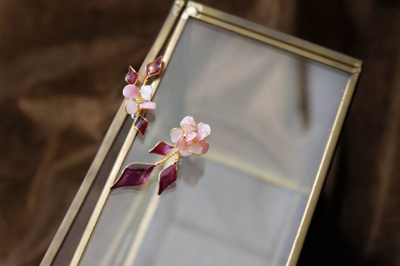 耳針x耳夾水晶花_拾花(粉花紅葉)_光點飾品 - 耳環/耳夾/耳骨夾 - 樹脂 紅色