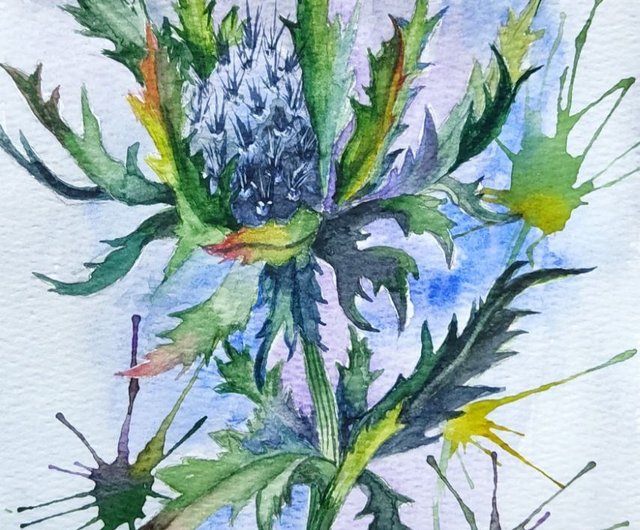 アザミの絵オリジナル水彩アート植物青い花のアートワーク - ショップ
