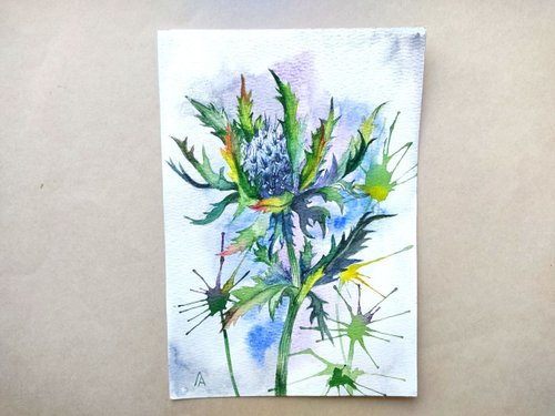 アザミの絵オリジナル水彩アート植物青い花のアートワーク - ショップ