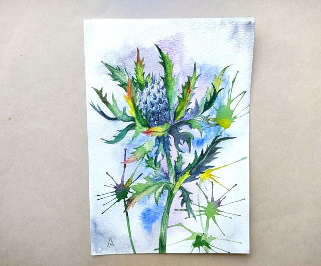 アザミの絵 アザミの絵オリジナル水彩アート植物青い花のアートワーク