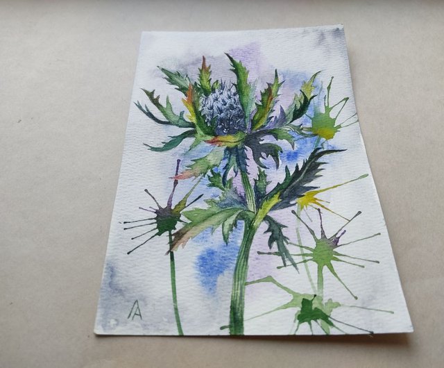 アザミの絵オリジナル水彩アート植物青い花のアートワーク - ショップ