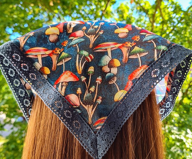 Silk- satin triangle head scarf, mushroom bandana with lace and ties,  kerchief. - Shop SewingWorkshopLV Scarves - Pinkoi