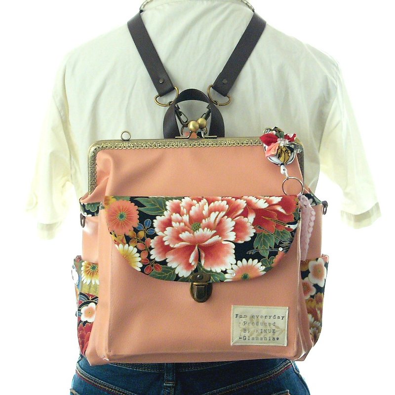 Made in japan 　３WAY NADESHIKO Backpack　S size　【Japanese pattern　Botan】 - Backpacks - Genuine Leather Pink