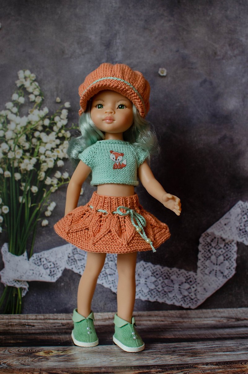 Knitted top, hat and skirtt for Paola Reina doll - 嬰幼兒玩具/毛公仔 - 棉．麻 多色