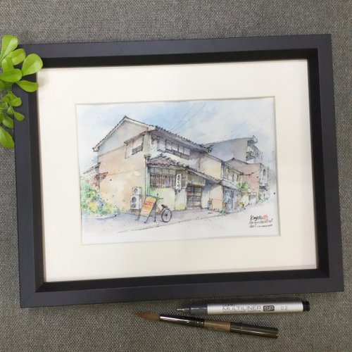 京都の小さな風景/手描きのオリジナル水彩画/フレーム付き