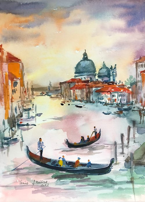 AnaMuStudio Venice Painting original art Italy watercolor Sunset European city architecture