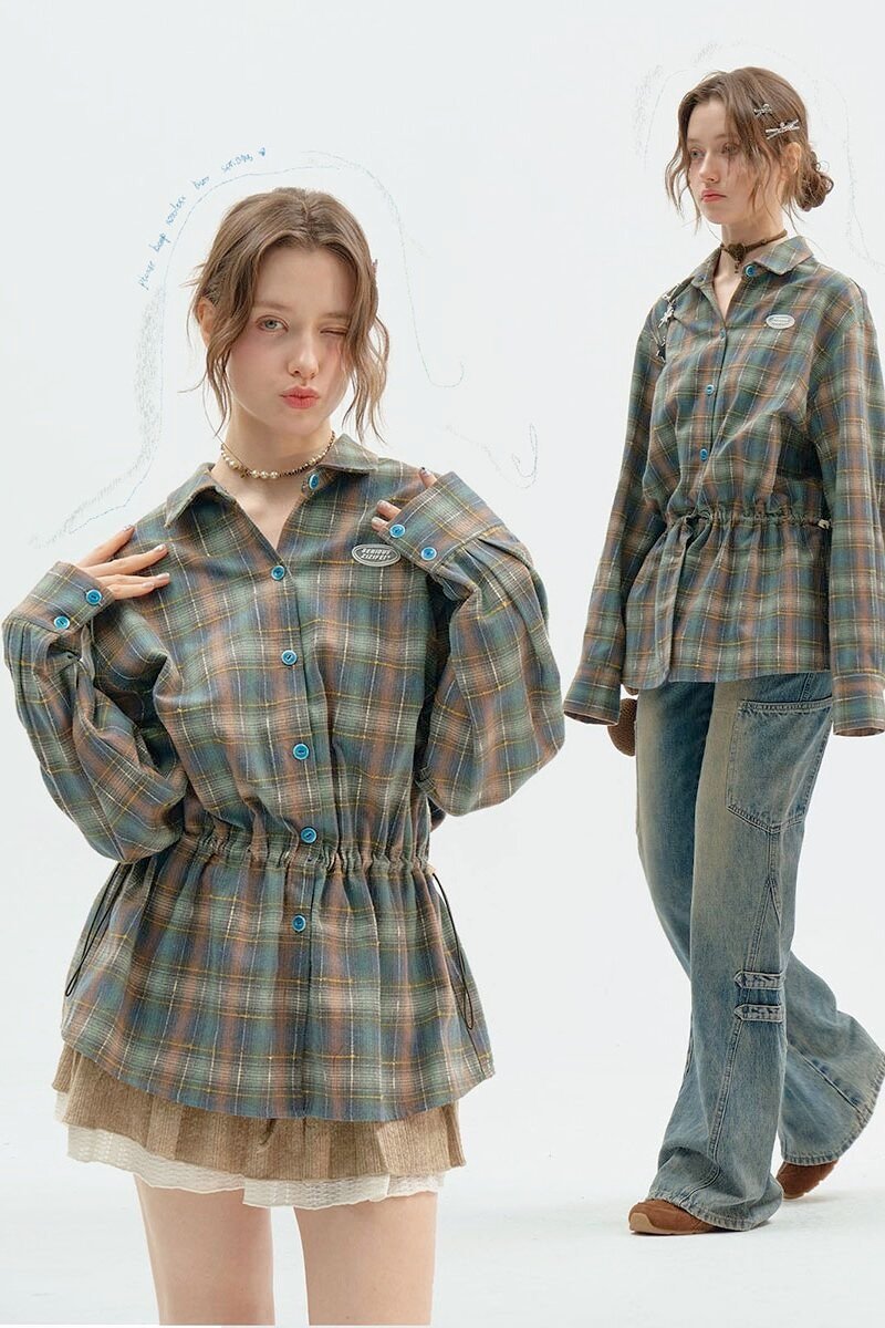 ziziFei春秋季美式復古設計感中長款綠色格子抽繩收腰顯瘦襯衫女 - 女襯衫 - 其他材質 綠色