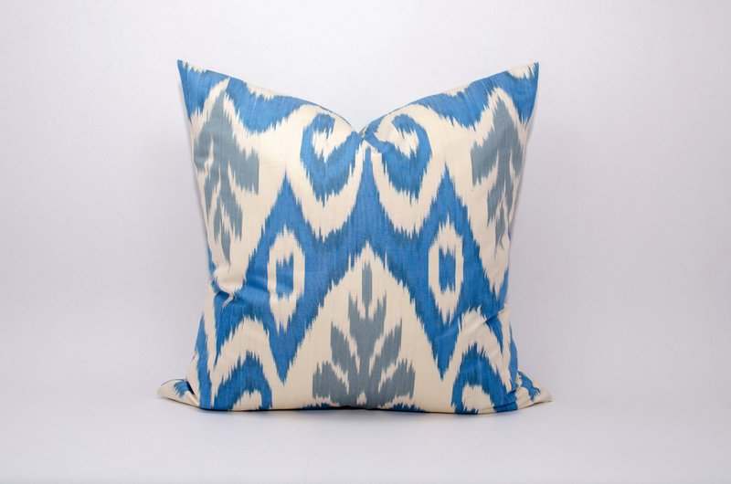 Blue ikat pillow cover Uzbekistan Traditional Handwoven ikat for home interior - Pillows & Cushions - Cotton & Hemp Blue