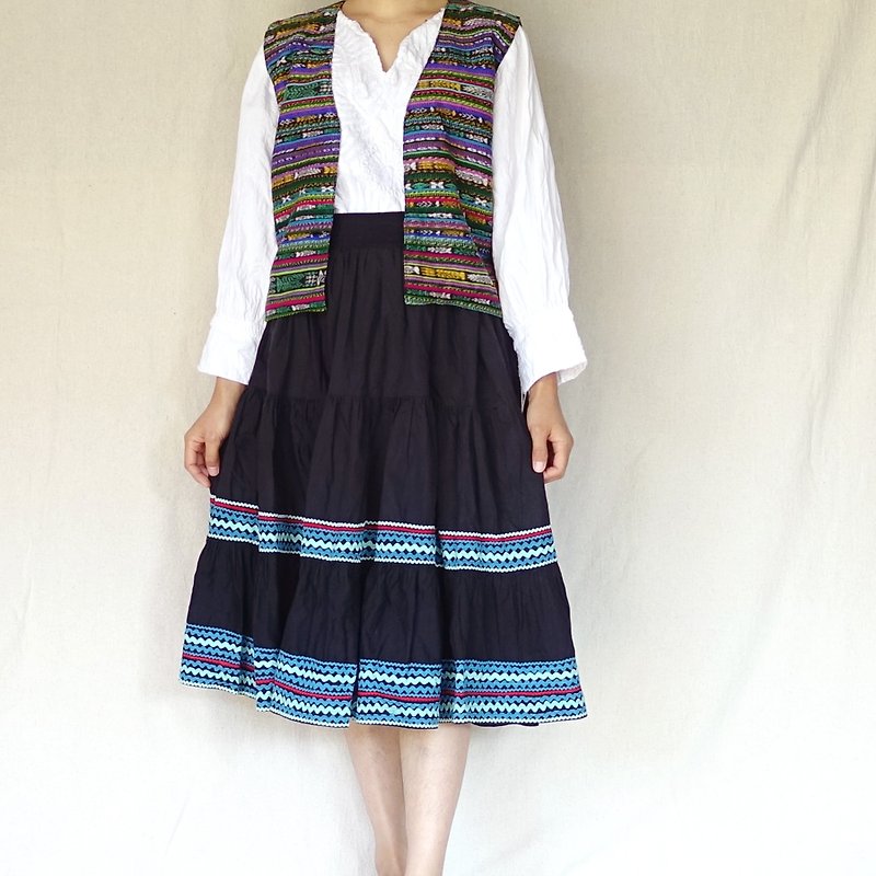 BajuTua / vintage / American Mexican style black big round skirt - กระโปรง - ผ้าฝ้าย/ผ้าลินิน สีดำ