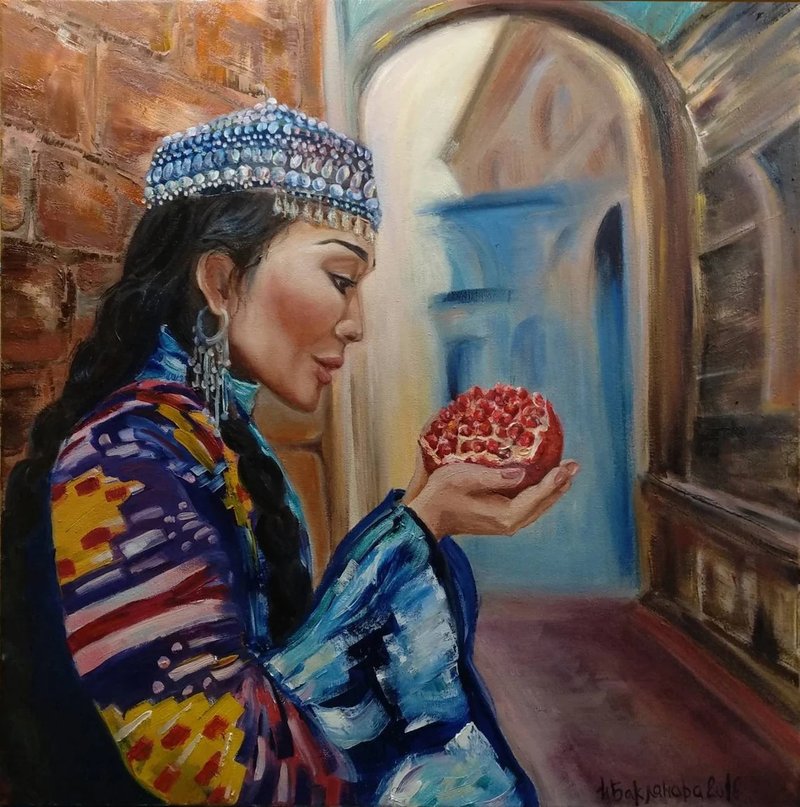 東方少女與石榴原創油畫多彩具象藝術 - 壁貼/牆壁裝飾 - 其他材質 多色