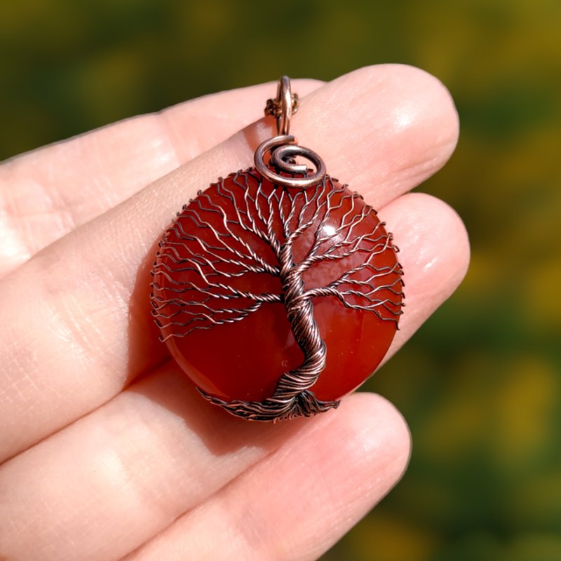 Ethnic Carnelian Wire Tree Of Life Talisman Pendant, Birthday Gift for her/ him - 項鍊 - 其他金屬 紅色