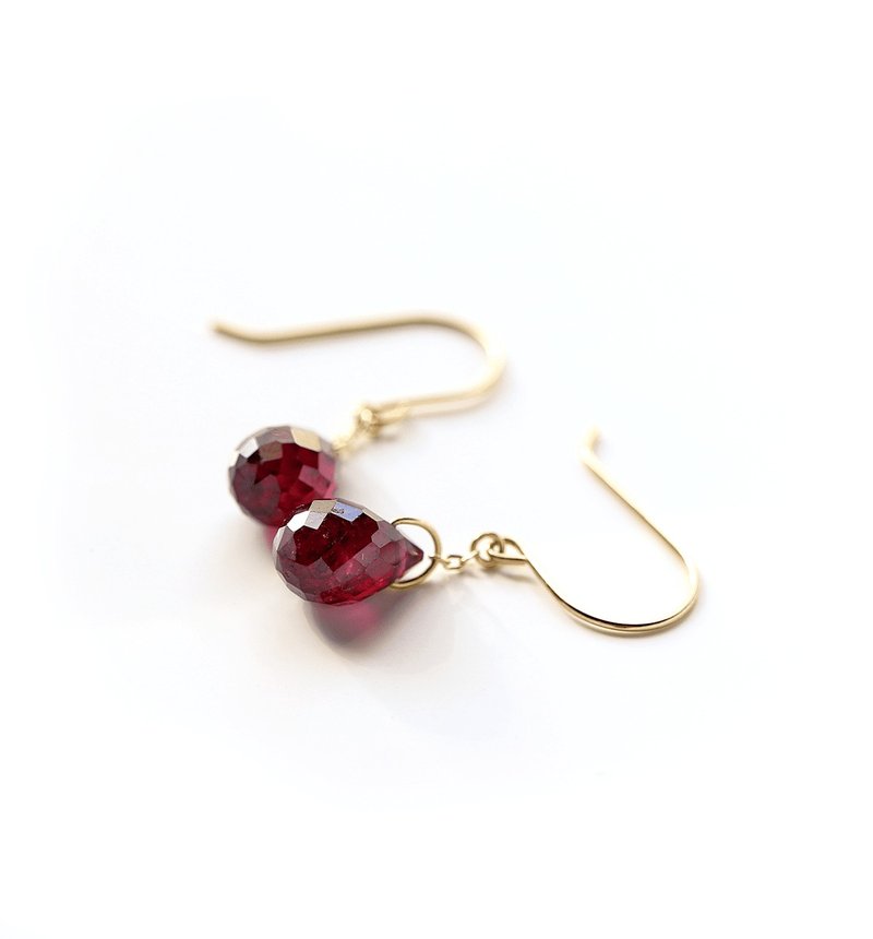 January Birthstone K10 Single Rhodolite Garnet (Briolette Cut) Hook Earrings ~ESPOIR~ - Earrings & Clip-ons - Gemstone Red