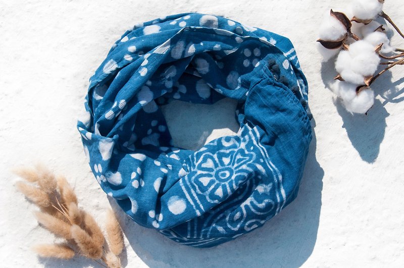 Blue dyed silk scarf / batik tie dyed silk scarf / plant dyed scarf / indigo tassel cotton scarf - marine bubble - ผ้าพันคอ - ผ้าฝ้าย/ผ้าลินิน หลากหลายสี