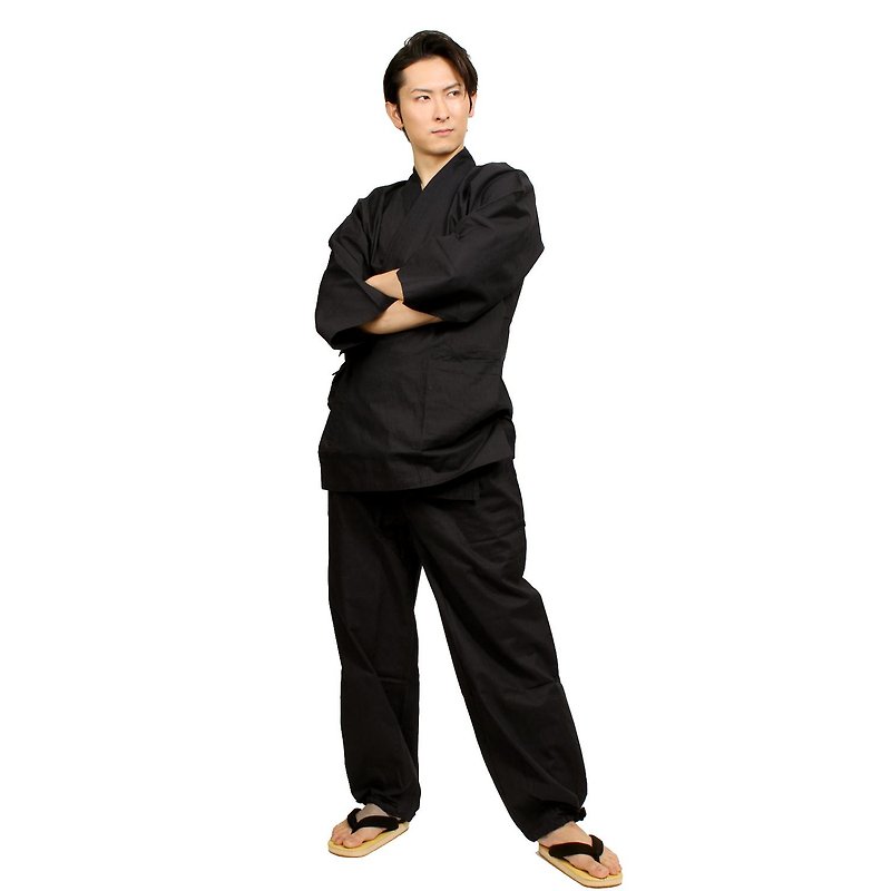 日本 和服 男性用 綿 作務衣 套裝 M L LL 黒 - 居家服/睡衣 - 棉．麻 黑色