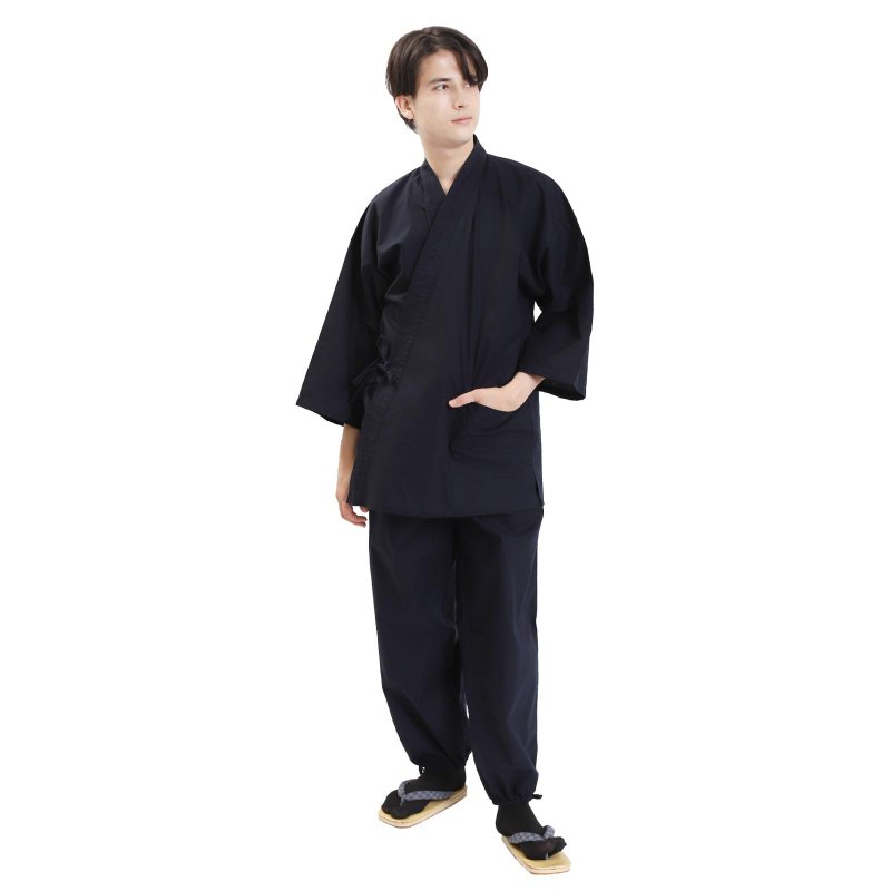 日本 和服 男性用 綿 作務衣 套裝 M L LL 黒 - 睡衣/居家服 - 棉．麻 黑色