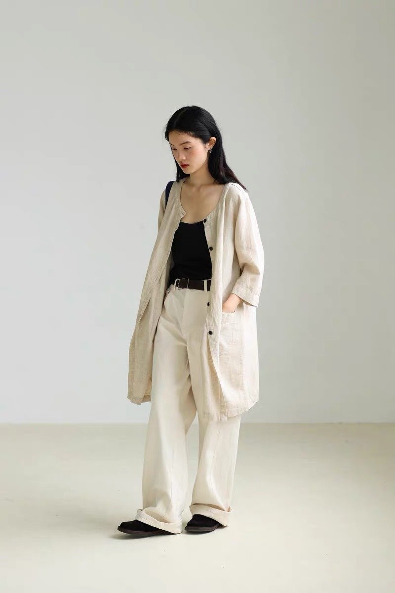 3rd Santiantang imported rain Linen natural undyed sunscreen long coat - เสื้อสูท/เสื้อคลุมยาว - ผ้าฝ้าย/ผ้าลินิน 