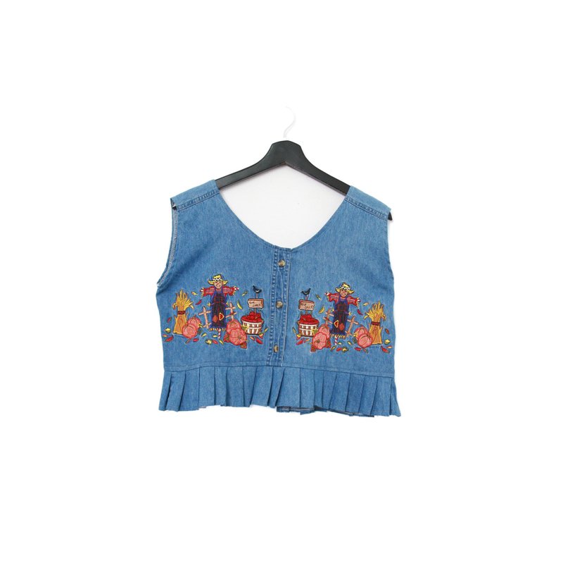 Back to Green-丹寧刺繡背心 稻草人 南瓜 dv-25//vintage vest - 背心/無袖上衣 - 棉．麻 