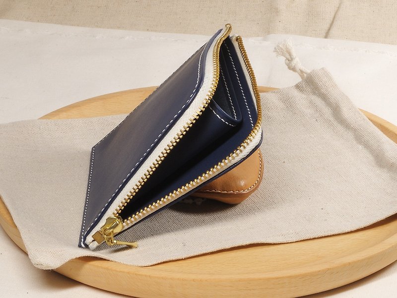 L-shaped zipper short clip coin purse can be customized - กระเป๋าสตางค์ - หนังแท้ สีน้ำเงิน