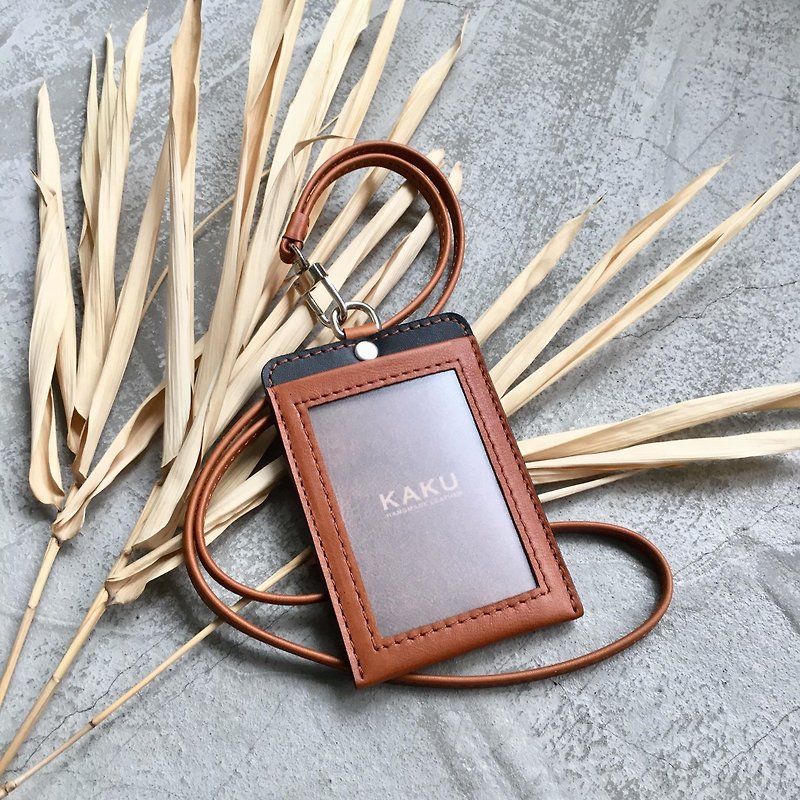 KAKU leather design customized identification card holder folder caramel brown - ที่ใส่บัตรคล้องคอ - หนังแท้ สีนำ้ตาล