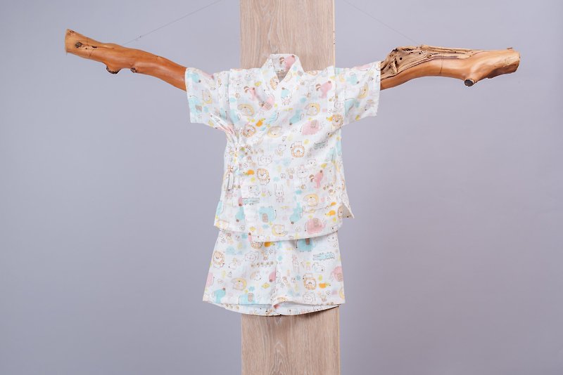 日本甚平紗布衣-陽気な動物 快樂動物 手作 浴衣 甚平 嬰兒 童裝 - 包屁衣/連身衣 - 棉．麻 黃色