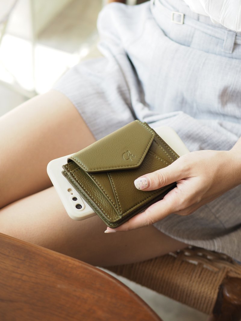 Daily (Hojicha) : Mini wallet, short wallet, cow leather, Olive-green - Wallets - Genuine Leather Green