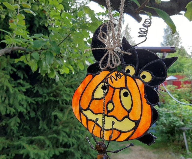 ステンドグラスのカボチャ、黒猫とクモ/ハロウィーンの装飾/窓のサン 