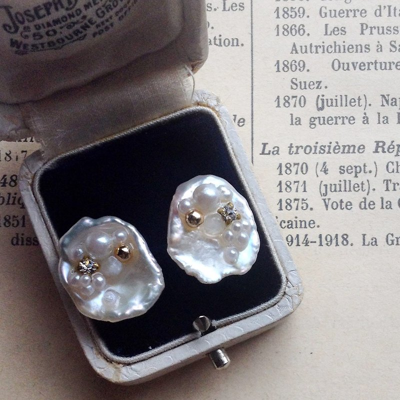 14 kg fresh water Kespearl Hitoyama Bijou earrings OR painless brass ear clip - Earrings & Clip-ons - Gemstone White