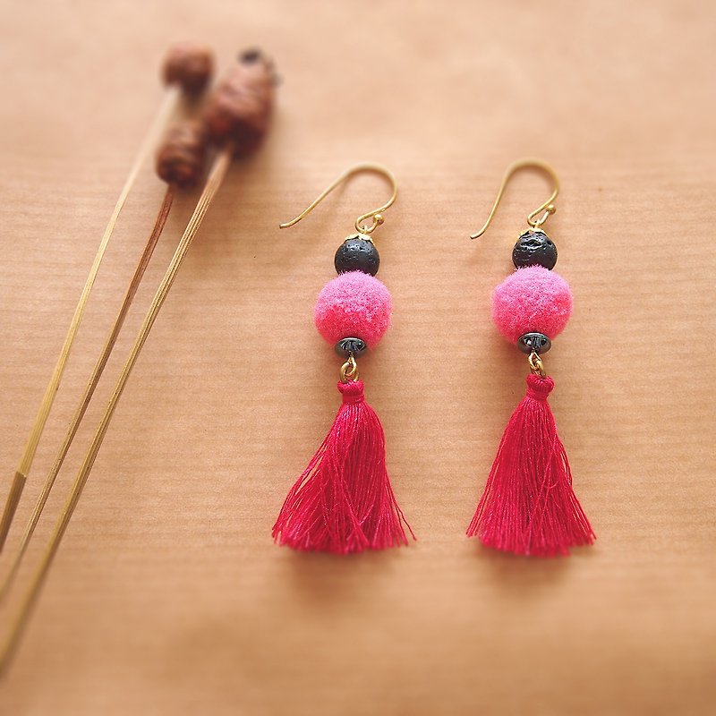 Lava stone with pink fur ball and tassel brass hook earrings - 耳環/耳夾 - 石頭 粉紅色